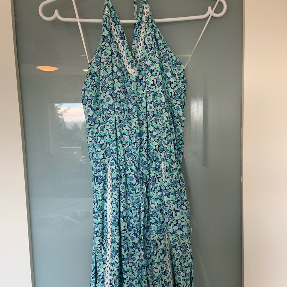 Blue floral Hollister halter neck romper with tie waist